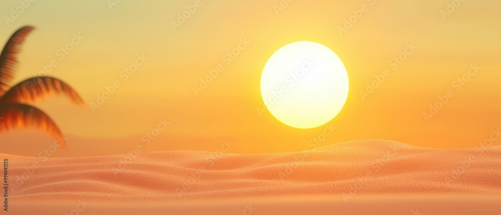 Obraz premium A serene sunset over sandy dunes with a vibrant sun setting in the background