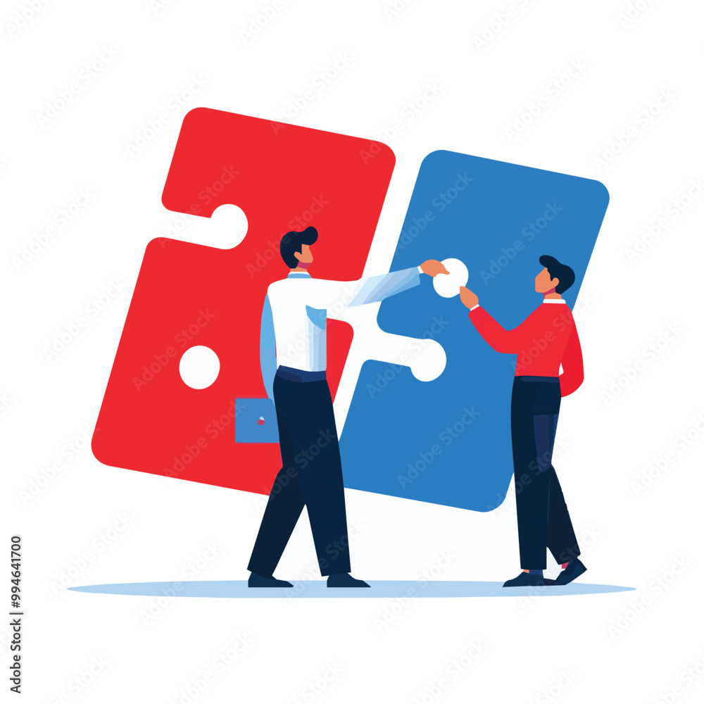 Business problem creative solving, company union and success teamwork. Tiny people holding jigsaw puzzle pieces to connect and assemble in cooperation and partnership cartoon vector illustration Business problem creative solving, company union and success teamwork. Tiny people holding jigsaw puzzle pieces to connect and assemble in cooperation and partnership cartoon vector illustration