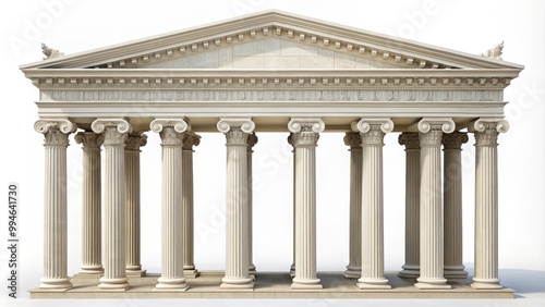 Classical greek temple building with ionic order columns on white background representing ancient greek architecture photo