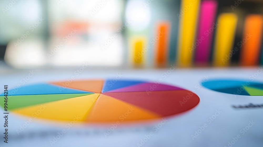 Obraz premium A Close-Up View of a Colorful Pie Chart on a White Surface with Blurred Bars in the Background