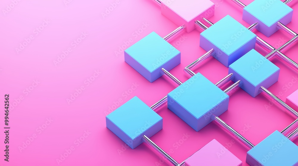 Abstract digital structure with interconnected cubes on a pink background. Abstract digital structure with interconnected cubes on a pink background.