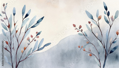 Greeting card template watercolor painting illustration of a delicate brancehs of litle spring flowers blended background. Mockup for invitation card. Generative Ai. photo