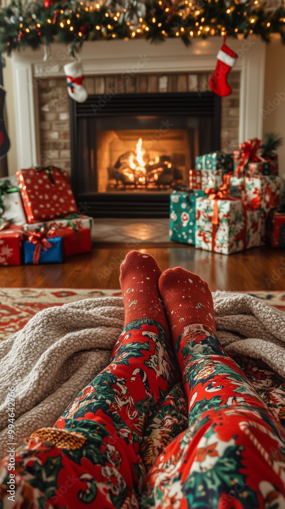 child's legs in red christmas stockings in a living room with a fireplace, gifts, and decorations celebrating christmas during childhood