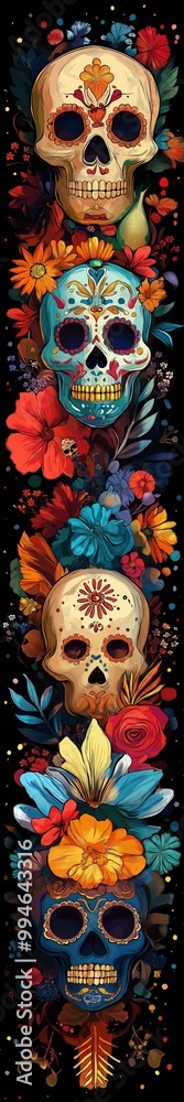 Obraz premium This vibrant vertical illustration features colorful Day of the Dead skulls adorned with intricate floral patterns, symbolizing life and death. Ideal for festive and cultural themes
