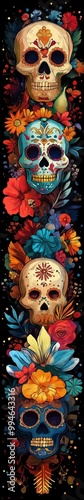 This vibrant vertical illustration features colorful Day of the Dead skulls adorned with intricate floral patterns, symbolizing life and death. Ideal for festive and cultural themes
