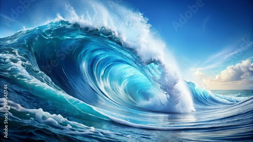 Fototapeta Naklejka Na Ścianę i Meble -  Giant ocean wave breaking under blue sky with sun