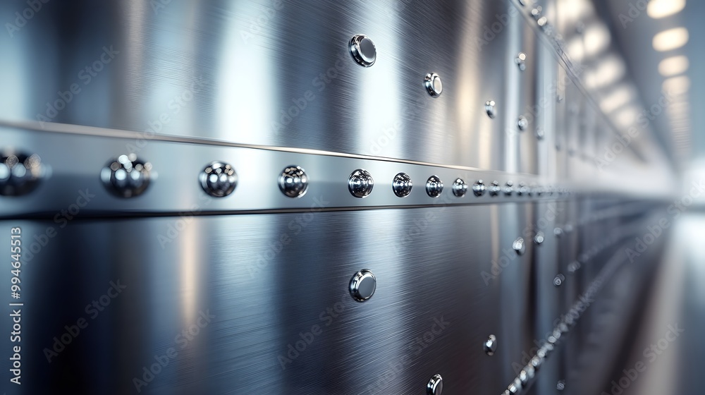 Obraz premium Close-up view emphasizing the mechanical perfection of rivets and the smooth, reflective welding seams on a stainless steel tank, with light playing on the surface