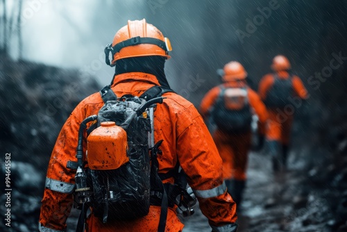 Firefighters wearing protective gear walking through a rain-soaked forest on a rescue mission.