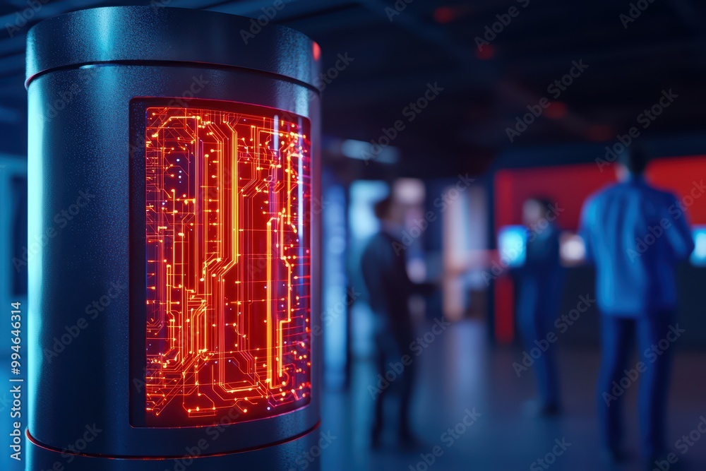 Futuristic technology display with glowing circuit board in a modern workspace environment. Futuristic technology display with glowing circuit board in a modern workspace environment.