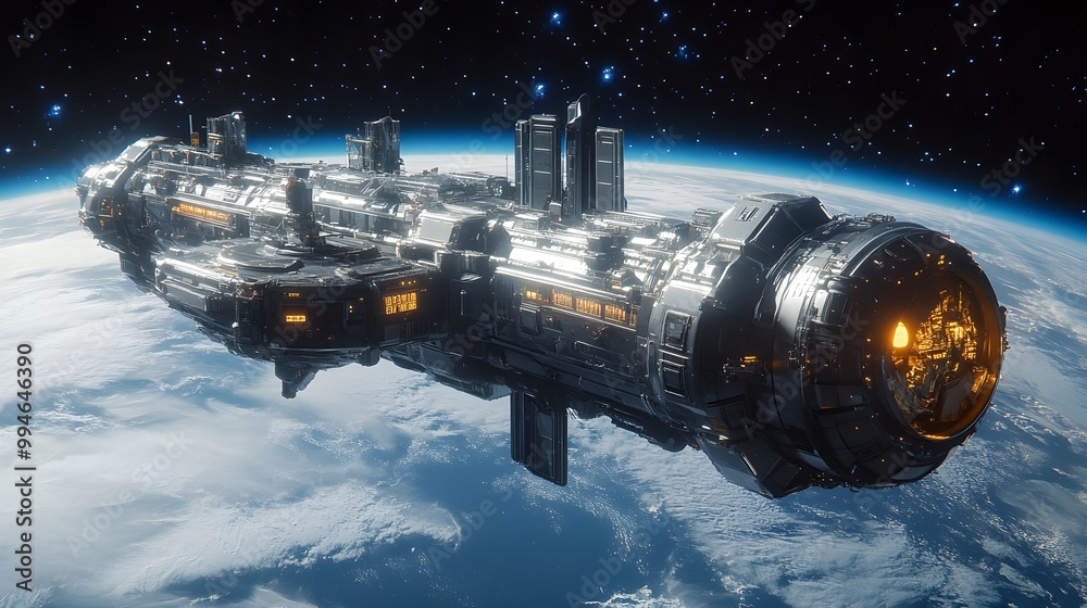 Exterior view of a space station featuring a sleek stainless steel tank attached to a rotating docking bay, illuminated by soft blue space lights and the curvature of Earth below Exterior view of a space station featuring a sleek stainless steel tank attached to a rotating docking bay, illuminated by soft blue space lights and the curvature of Earth below