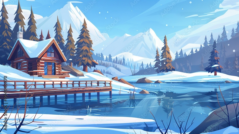 Fototapeta premium Wooden Cabin with Snow-Covered Roof by a Frozen Lake in a Mountainous Landscape