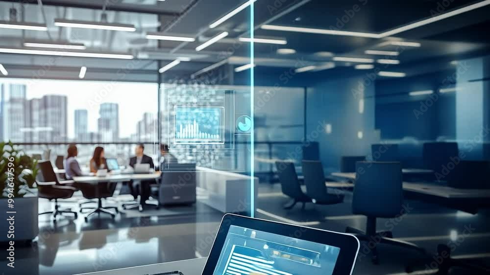 Business team analyzing data using transparent digital interface