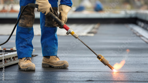 A man is using a torch to heat a roof. Concept of danger and caution, as the man is working with a potentially hazardous tool. The bright orange flame of the torch contrasts with the dark roof photo