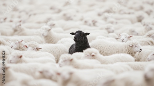 A lone black sheep standing boldly in a sea of white sheep, capturing contrast and individuality in a minimalist style photo