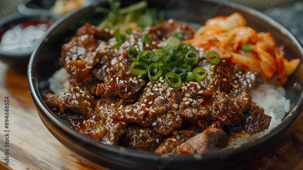Bulgogi served with a side of rice and kimchi, captured using an ultra HD camera with a ring light for even illumination Bulgogi served with a side of rice and kimchi, captured using an ultra HD camera with a ring light for even illumination