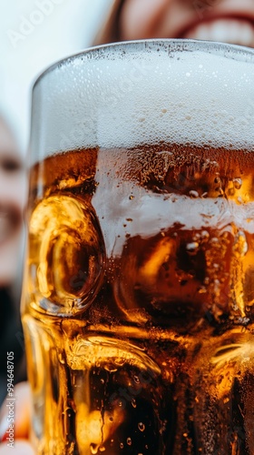 a closeup of a woman in a dirndl laughing with friends at Oktoberfest holding a large beer stein surrounded by traditional food with soft golden lighting enhancing the festive mood