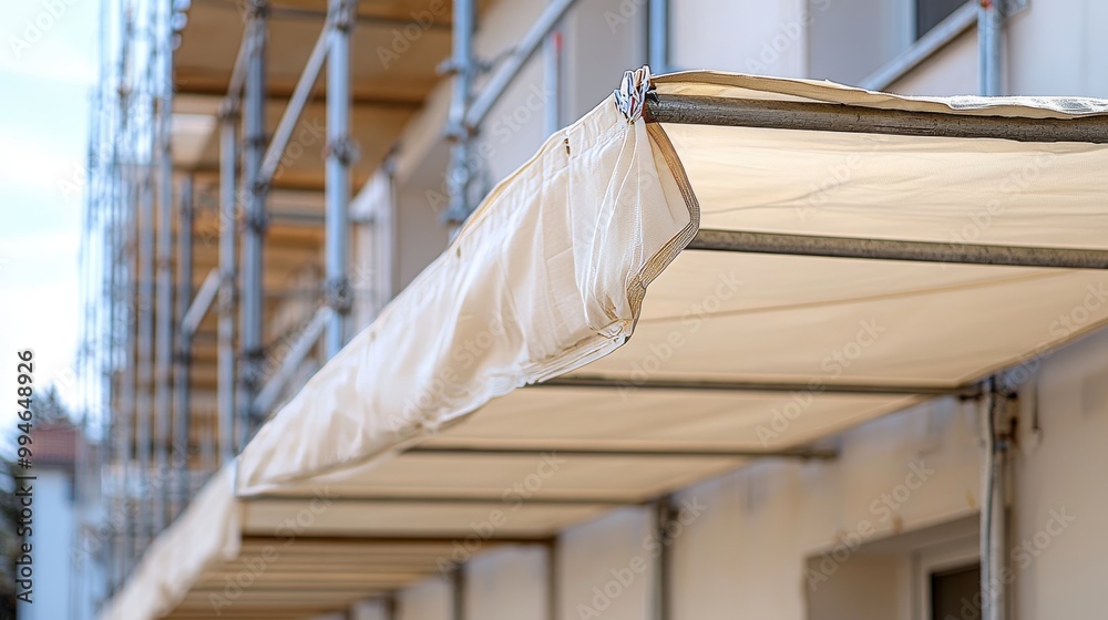 Fototapeta premium Close-up of durable, weatherproof canvas stretched across metal frames, protecting a building under renovation, scaffolding visible in the background