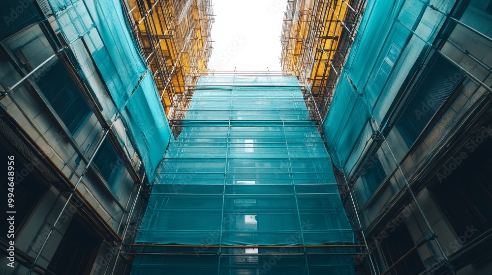 Fototapeta premium Close-up of durable, weatherproof canvas stretched across metal frames, protecting a building under renovation, scaffolding visible in the background