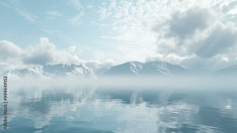 Naklejka premium Serene winter landscape with snowy mountains reflected in still water under cloudy sky, perfect for backgrounds