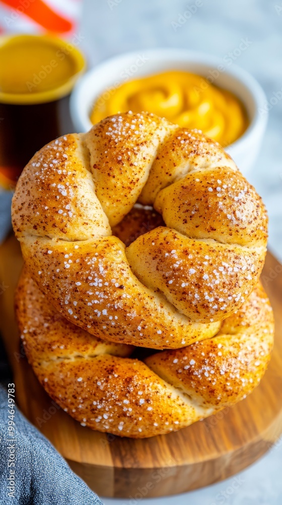 a detailed shot of a freshly baked pretzel on a wooden board sprinkled with coarse salt next to mustard and beer with Oktoberfest decorations and a Bavarian flag in the background a detailed shot of a freshly baked pretzel on a wooden board sprinkled with coarse salt next to mustard and beer with Oktoberfest decorations and a Bavarian flag in the background