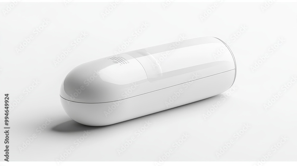 Compact asthma inhaler with smart tech design, side view with simple branding space, clean white background, perfect for pharmaceutical advertising Compact asthma inhaler with smart tech design, side view with simple branding space, clean white background, perfect for pharmaceutical advertising
