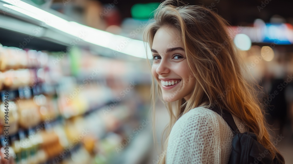 Portrait of a smiling happy woman in a supermarket. Happy woman in portrait on blurred supermarket background.