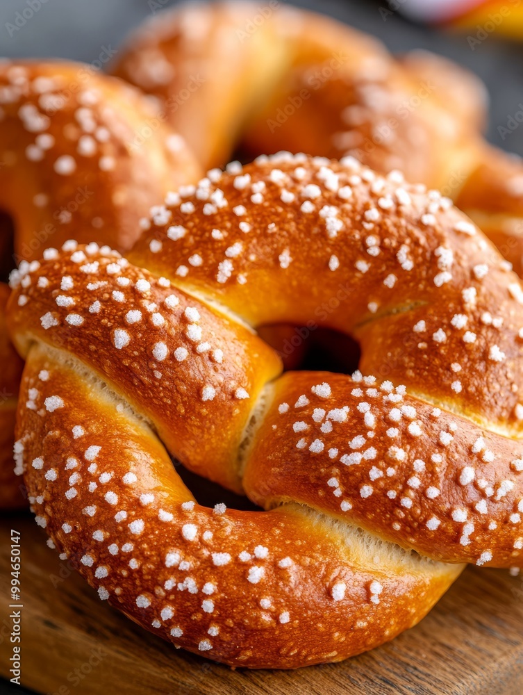 a detailed shot of a freshly baked pretzel on a wooden board sprinkled with coarse salt next to mustard and beer with Oktoberfest decorations and a Bavarian flag in the background