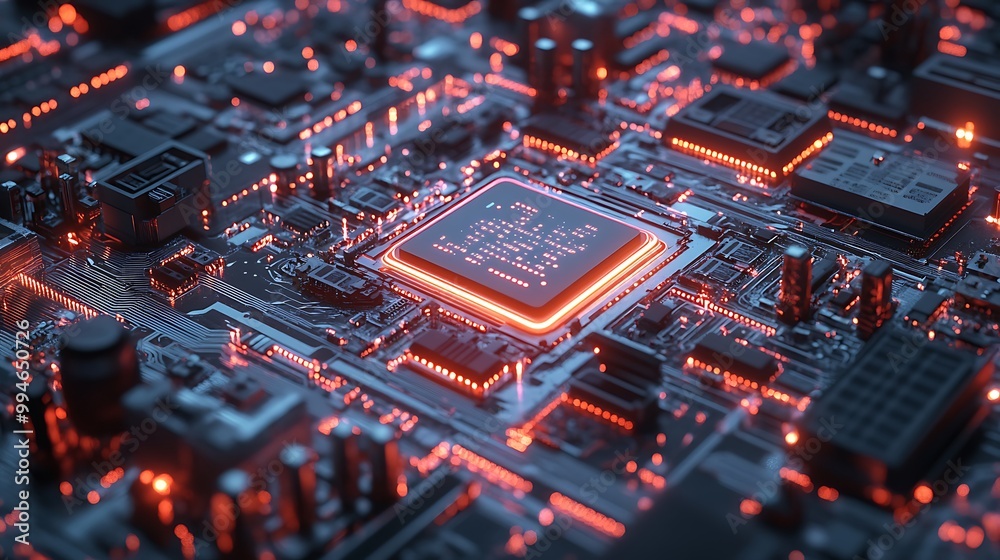 Red Brain Glowing on Chip Visualizing the Future of Intelligence Red Brain Glowing on Chip Visualizing the Future of Intelligence