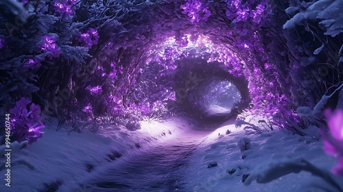 Enchanting purple tunnel surrounded by snowy flowerscape picture photo