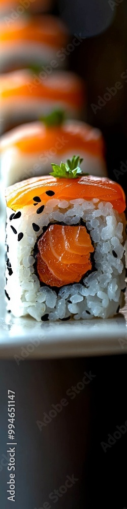 Obraz premium AN elegant presentation of sushi on a plate with simple minimalistic background. 