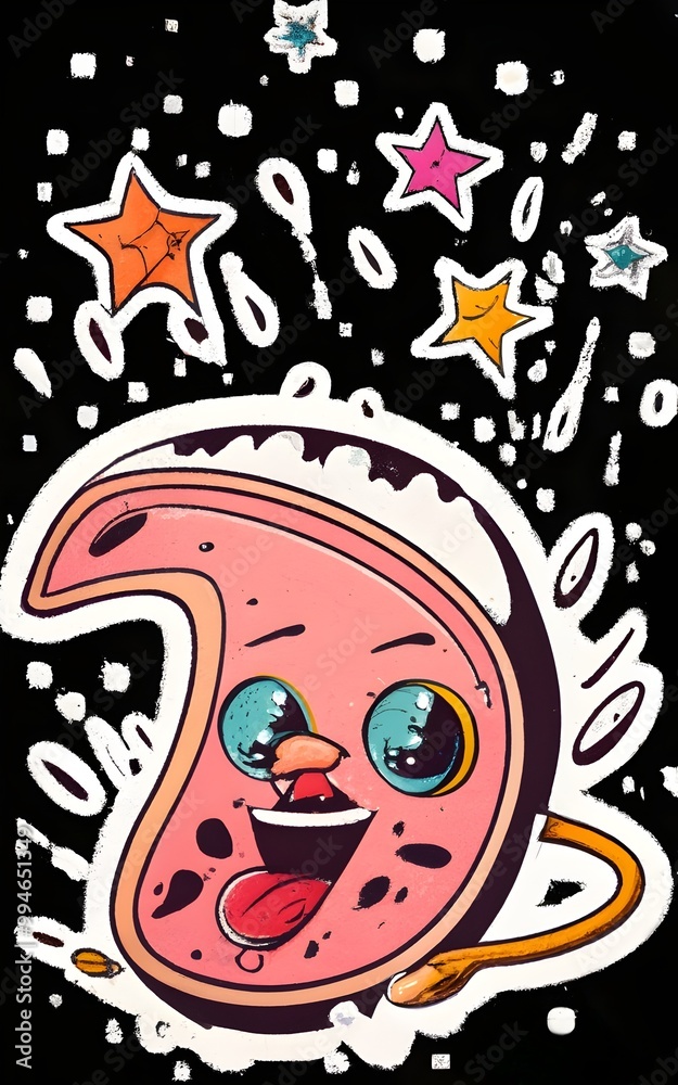 Obraz premium : A psychedelic, colorful cake surrounded by rainbows, planets, palm trees, and abstract objects.