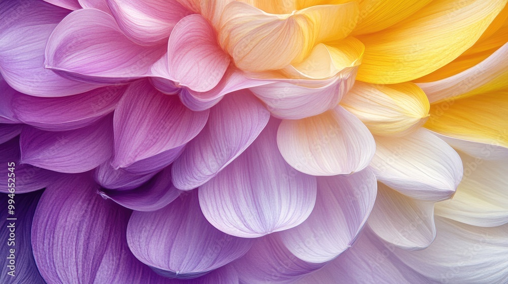 Beautiful close-up of vibrant multicolored flower petals with intricate textures, showcasing striking hues of purple, yellow, and white in a stunning composition