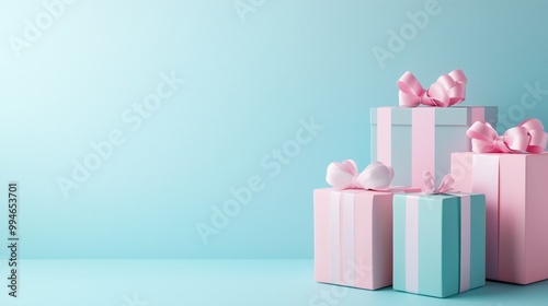 pastel color Christmas presents with light blue and pink background for special events such as birthday party mockups or Valentine's Day sales