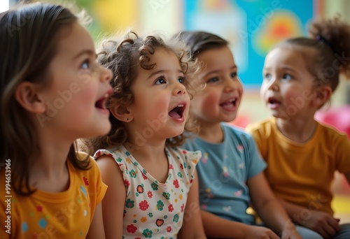 Group of young children laughing and having fun during storytime