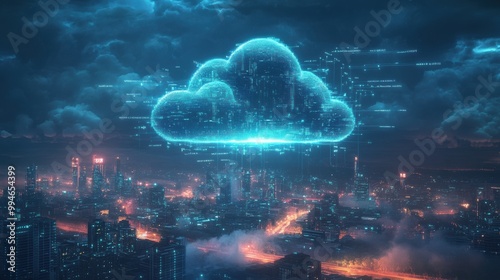 Wallpaper Mural A mystical illuminated cloud hovering over a futuristic city at night, casting neon reflections and highlighting urban structures Torontodigital.ca