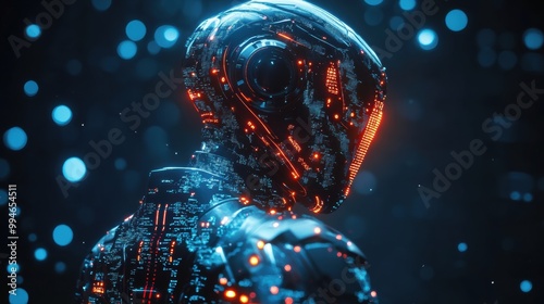 A futuristic humanoid robot illuminated by glowing circuitry in a digital landscape during a cybernetic dawn photo