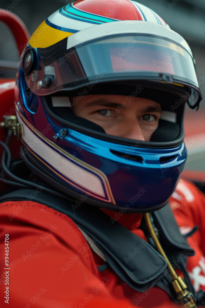 Close-up of a focused Formula 1 driver wearing a helmet, with intense eyes staring ahead with determination and concentration inside the cockpit Close-up of a focused Formula 1 driver wearing a helmet, with intense eyes staring ahead with determination and concentration inside the cockpit