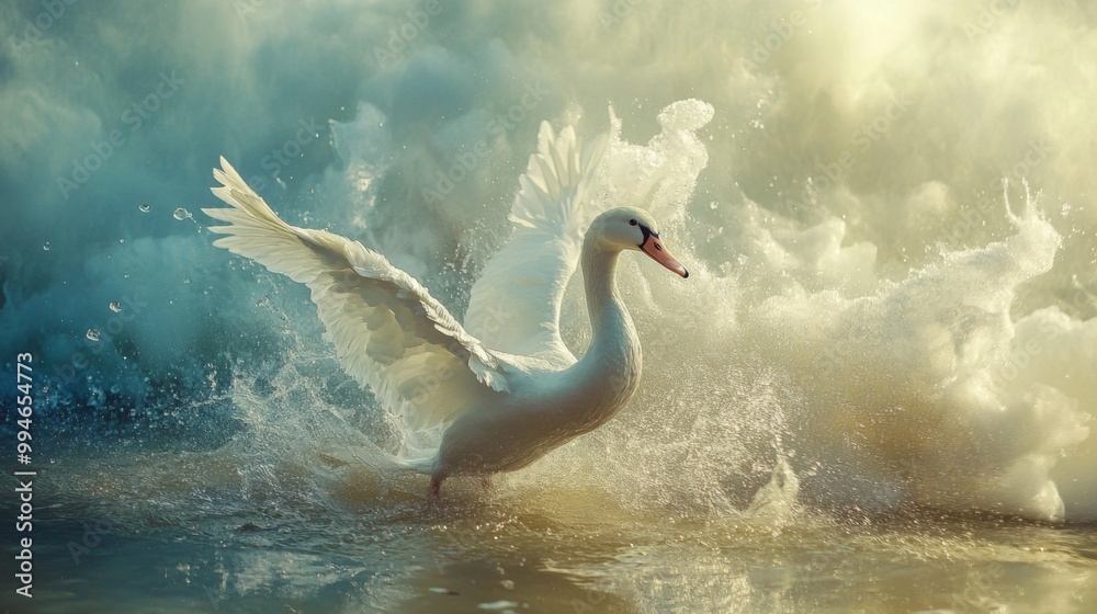 Fototapeta premium White swan with wings spread emerges from a wave of water.
