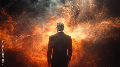 Businessman surrounded by ethereal swirling smoke, reflecting mental confusion, glowing tendrils of light within the smoke, black background, psychological tension, futuristic style, 3D render