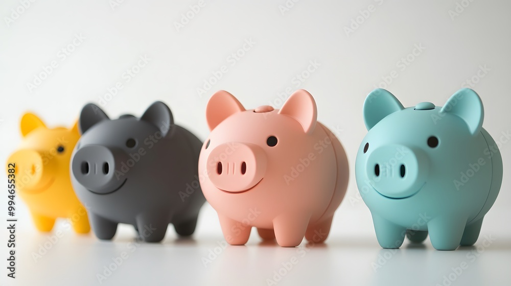 Four Colorful Piggy Banks in a Row on a White Surface Four Colorful Piggy Banks in a Row on a White Surface