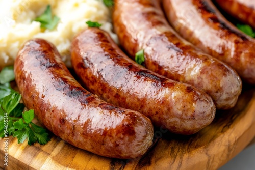 a traditional Oktoberfest table setting with a large wooden platter of German sausages sauerkraut mashed potatoes and pretzels accompanied by glass steins of beer captured in rustic warm tones