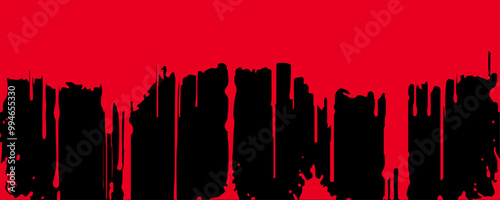 Drops of blood, viscous liquid, melting paint, dripping stain, splashes. Vector illustration of drops and spots on a black background.