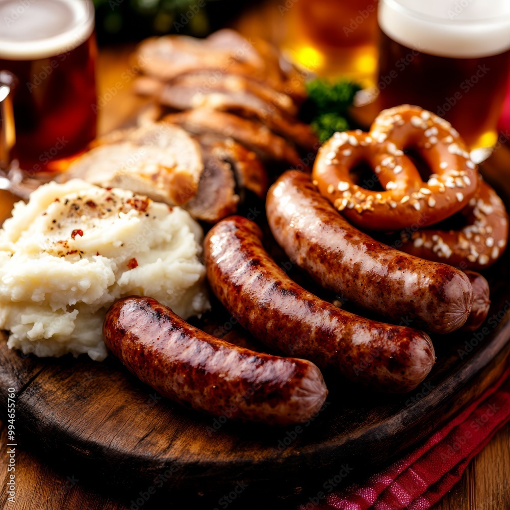 a traditional Oktoberfest table setting with a large wooden platter of German sausages sauerkraut mashed potatoes and pretzels accompanied by glass steins of beer captured in rustic warm tones a traditional Oktoberfest table setting with a large wooden platter of German sausages sauerkraut mashed potatoes and pretzels accompanied by glass steins of beer captured in rustic warm tones