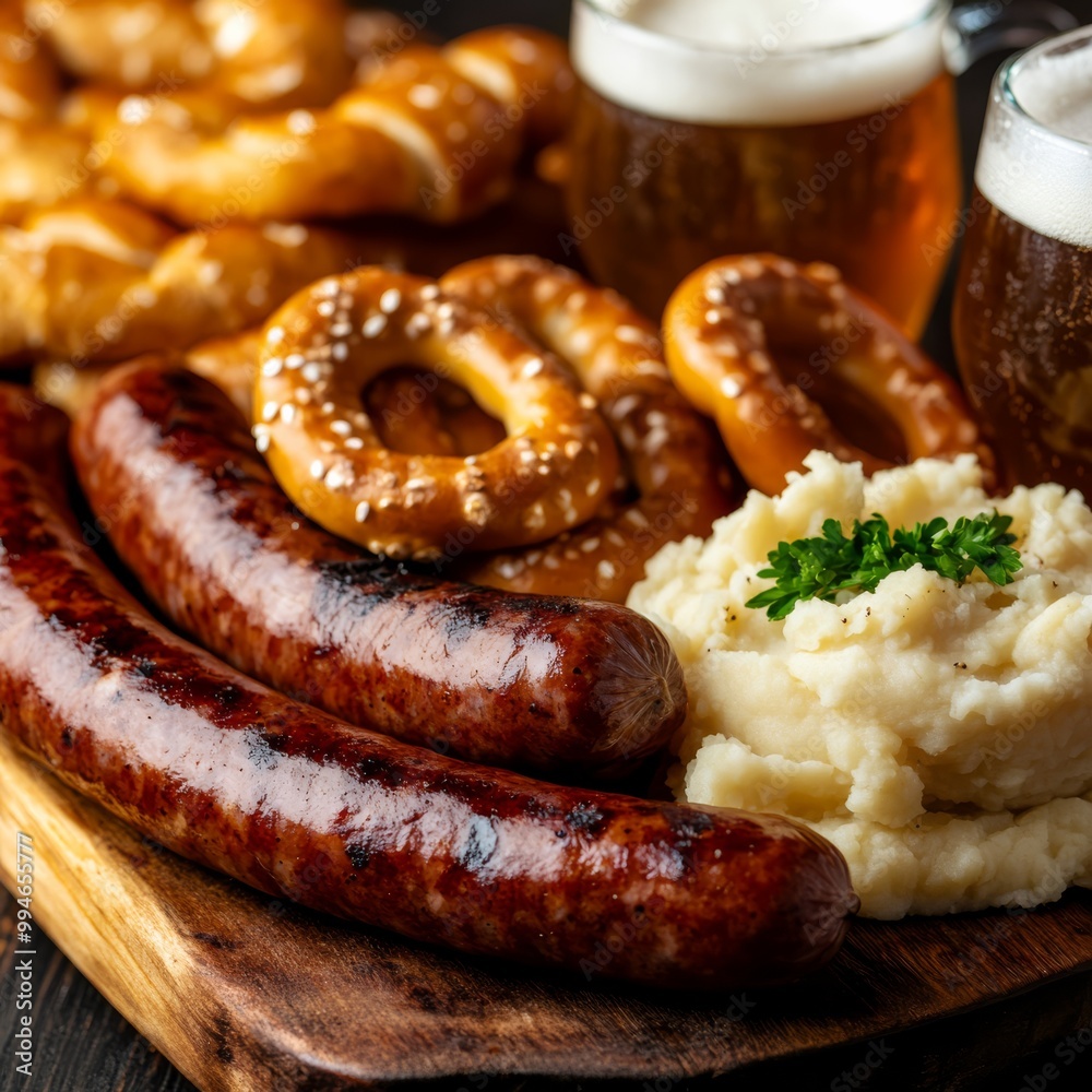 a traditional Oktoberfest table setting with a large wooden platter of German sausages sauerkraut mashed potatoes and pretzels accompanied by glass steins of beer captured in rustic warm tones a traditional Oktoberfest table setting with a large wooden platter of German sausages sauerkraut mashed potatoes and pretzels accompanied by glass steins of beer captured in rustic warm tones
