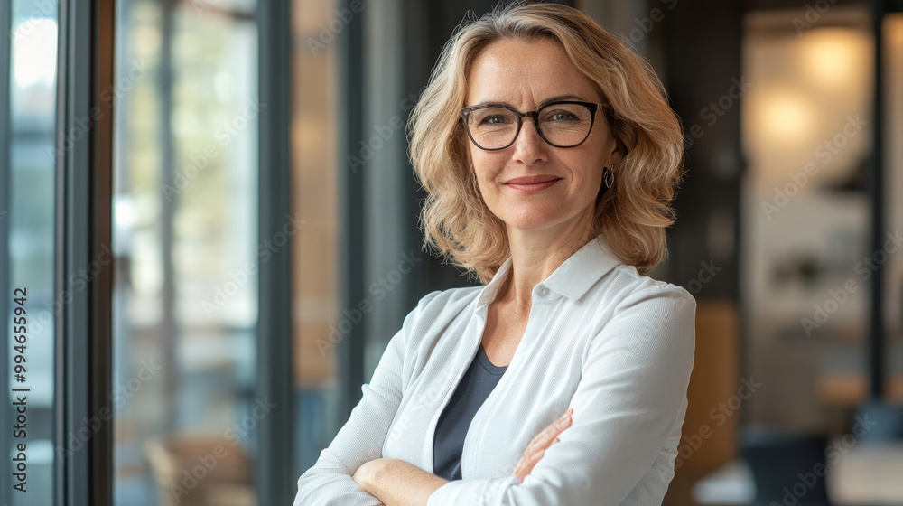 A confident, smiling middle-aged businesswoman attorney stands in her office. The 45-year-old entrepreneur and executive manager exudes professionalism and leadership in this portrait. A confident, smiling middle-aged businesswoman attorney stands in her office. The 45-year-old entrepreneur and executive manager exudes professionalism and leadership in this portrait.