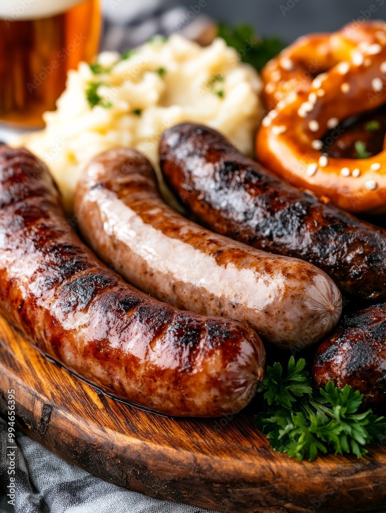 a traditional Oktoberfest table setting with a large wooden platter of German sausages sauerkraut mashed potatoes and pretzels accompanied by glass steins of beer captured in rustic warm tones a traditional Oktoberfest table setting with a large wooden platter of German sausages sauerkraut mashed potatoes and pretzels accompanied by glass steins of beer captured in rustic warm tones