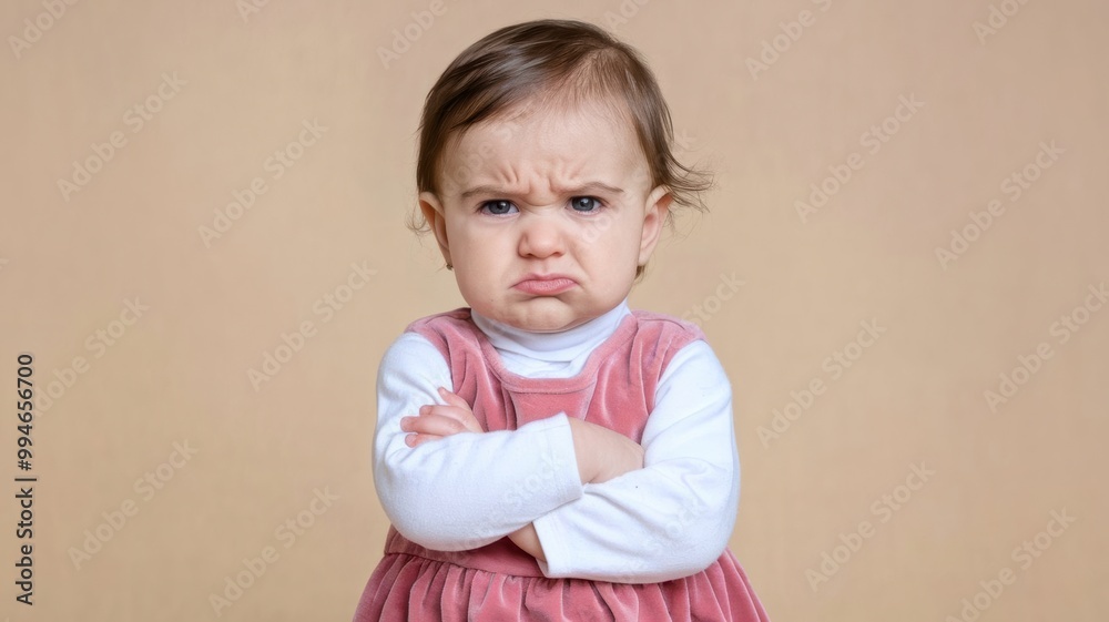 Little Girl With a Fierce Frown Crossing Her Arms in a Playful Nursery Setting. Generative AI Little Girl With a Fierce Frown Crossing Her Arms in a Playful Nursery Setting. Generative AI