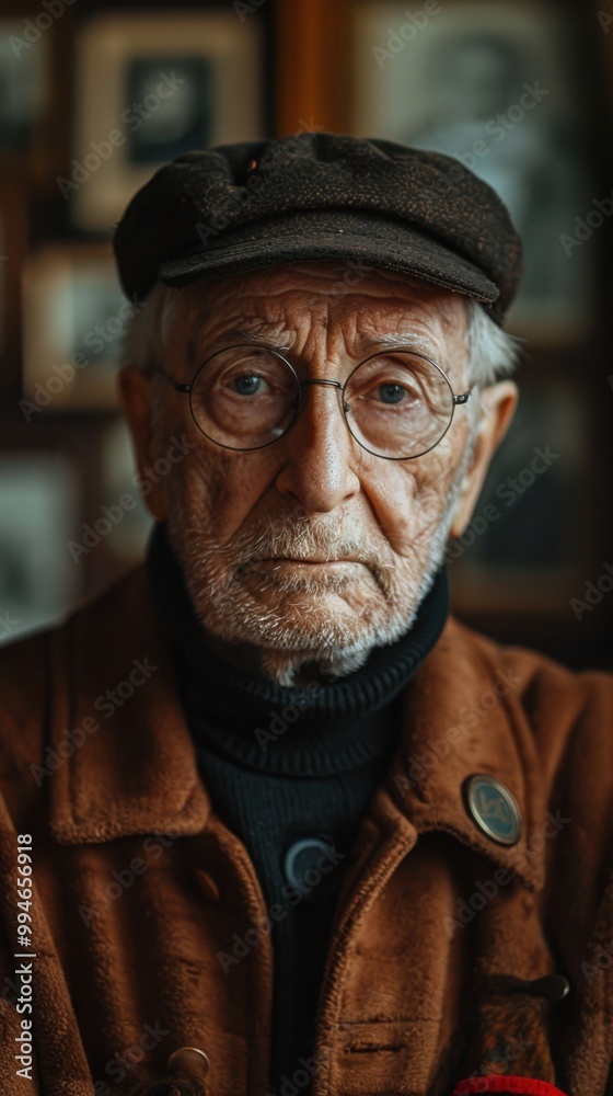 Older man wearing a brown jacket and hat with a red pin Older man wearing a brown jacket and hat with a red pin