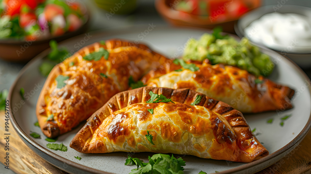 Empanadas served with a side of guacamole and sour cream, captured using an ultra HD camera with a ring light for even illumination Empanadas served with a side of guacamole and sour cream, captured using an ultra HD camera with a ring light for even illumination