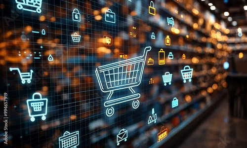 Digital shopping interface with icons and a cart illustration.
